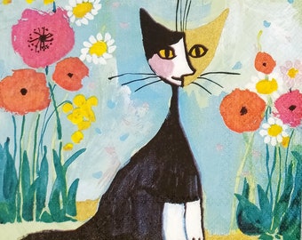 Q151# 3 Pieces Of Single Paper Napkins for Decoupage, Craft Tissue, Funny Black Cat Kitten with Painted Red Flowers