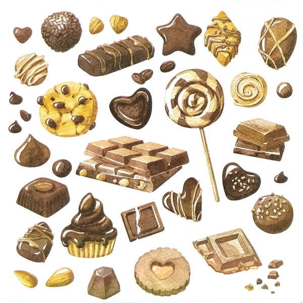 T102# 3 pièces de serviettes en papier pour découpage, papier tissu artisanal, barre de chocolat marron, bonbons, motif bonbons et biscuits sur blanc