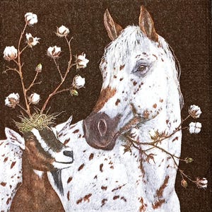 Z224 # 3 Stück KLEINE Einzel Papierservietten für Decoupage, Craft Tissue Cocktail Größe, weißes Pferd und Ziege mit Baumwollblumenzweigkappe
