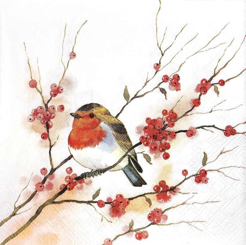 May include: A watercolor painting of a robin perched on a branch with red berries. The bird has a red breast, brown back, and blue tail feathers. The branches are thin and delicate, and the berries are small and clustered together.