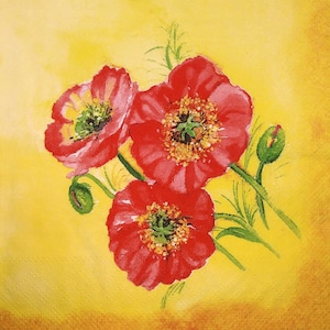 M397# 3 serviettes en papier pour découpage, papier de soie artisanal, fleurs de coquelicots rouges sur fond jaune
