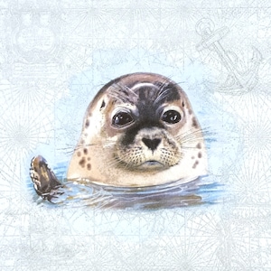 Q975# 3 pezzi di tovaglioli di carta singoli per decoupage, fazzoletti artigianali, testa di cane di mare dipinta in acqua blu