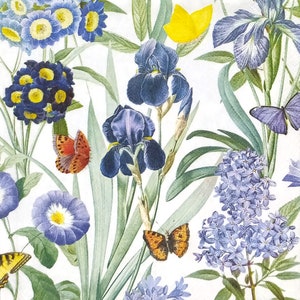 R279# 3 servilletas de papel individuales para decoupage, papel de seda artesanal, estampado de lirios morados, campanillas lilas y mariposas