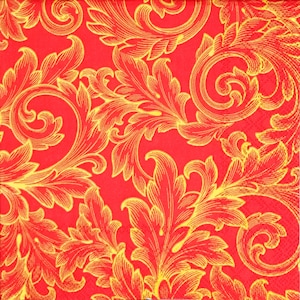 Q316# 3 servilletas de papel individuales para decoupage, papel de seda artesanal, patrón de adorno de espiral de escarcha invernal con brillo dorado y rojo