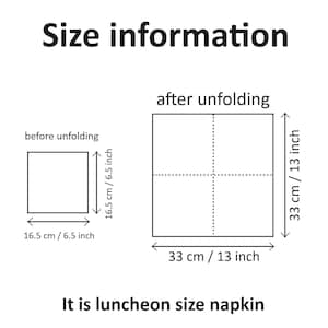 K&ouml;nnte beinhalten: Diagramm, das die Gr&ouml;&szlig;e einer Tischserviette vor und nach dem Ausklappen zeigt. Die Serviette misst 6,5 cm x 6,5 cm vor dem Ausklappen und 13 cm x 13 cm nach dem Ausklappen.