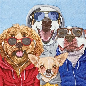Z220 # 3 petites serviettes en papier simples pour le découpage, tissu artisanal format cocktail, quatre drôles de chiens avec écouteurs pour lunettes de soleil