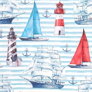 P766# 3 pezzi di tovaglioli di carta singoli per decoupage, fazzoletti artigianali, motivo di barca a vela e faro su sfondo a righe blu