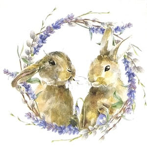 P787 # 3 Stück einzelne Papierservietten für Decoupage, Basteltücher, Zwei Kaninchen Hase Paar Im Blauen Lavendel Blumenkranz