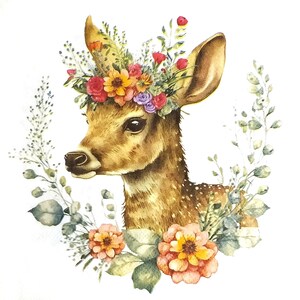T513# 3 pezzi di tovaglioli di carta singoli per decoupage, carta velina, testa di giovane capriolo con ghirlanda di fiori estivi su bianco