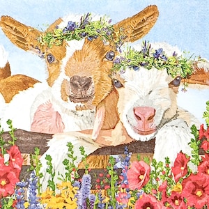 Z217# 3 pedaços de guardanapos de papel PEQUENOS para decoupage, tamanho coquetel, ovelha com guirlanda de flores perto da cerca