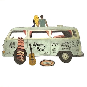 P711 # 3 serviettes en papier pour découpage, papier peint artisanal, voiture rétro verte, bus avec un couple romantique dessus