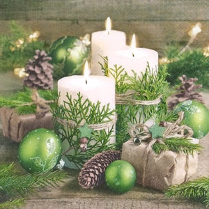 Q671# 3 peças de guardanapos de papel individuais para decoupage, tecido artesanal, arranjo de Natal de inverno com velas, enfeites de fotos