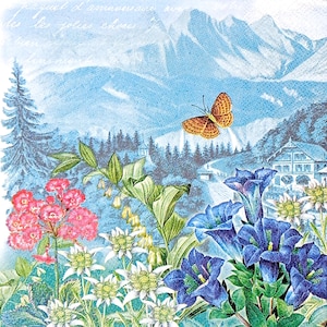 U320# 3 stuks enkele papieren servetten voor decoupage, knutselpapier, Mountain Valley Field met edelweiss, blauwroze bloem en vlinders