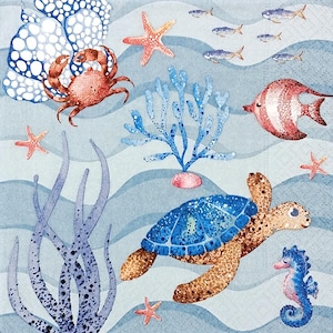 U258# 3 serviettes en papier pour découpage, papier de soie artisanal, bleu rouge Sealife collage tortue poisson crabe hippocampe coraux et algues
