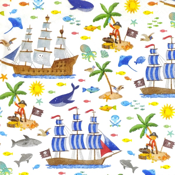 R537 # 3 Stück einzelne Papierservietten für Decoupage, Papiertaschentuch, Blau Weiß Segel Schiff Boot, Fischhai und Piraten Schatzinsel Muster