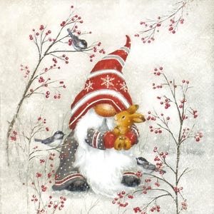 Z136 # 3 Stück KLEINE Servietten für Decoupage, Basteltücher, Wichtel Tomte mit Mütze und Hase im Winter mit Beere