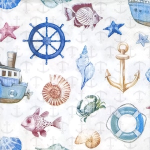 T430# 3 pièces de serviettes en papier pour découpage, papier de soie artisanal, articles marins - ancre, bateau, roue d'agitation, coquillage, motif crabe