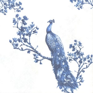 S442# 3 stuks KLEINE enkele papieren servetten voor decoupage, knutselpapier, blauw geschilderde koninklijke pauwvogel op bloemtak