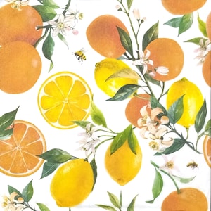 R212 # 3 Stück einzelne Papierservietten für Decoupage, Basteltücher Gelb Zitrusfrüchte Zitrone Orangen Obst Zweige