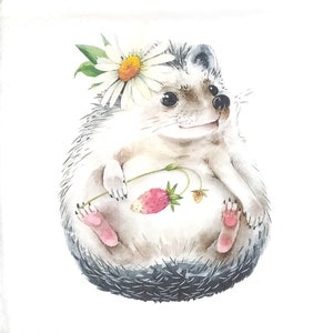 P957# 3 pedaços de guardanapos de papel individuais para decoupage, tecido artesanal, ouriço pintado engraçado com flor margarida e morangos