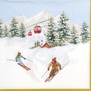 R971# 3 pezzi di tovaglioli di carta singoli per decoupage, fazzoletti artigianali, paesaggio invernale innevato con sciatori di montagna e gondola rossa