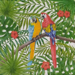 T117# 3 pezzi di tovaglioli di carta singoli per decoupage, fazzoletti artigianali, coppia di uccelli pappagallo rosso blu giallo su ramo in foglie esotiche della giungla