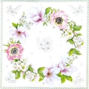 R010 # 3 Stück einzelne Papierservietten für Decoupage, Basteltücher Pastell Rosa Frühlingsblumen Anemone Windblume Magnolie Apfelblütenkranz