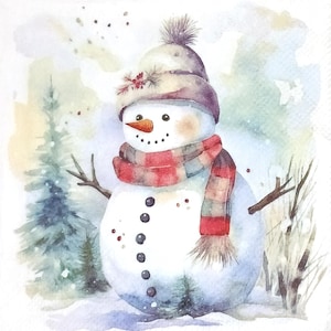 Z135# 3 pezzi di PICCOLI tovaglioli di carta singoli per decoupage, fazzoletti artigianali formato cocktail, pupazzo di neve con cappello, sciarpa in campo innevato