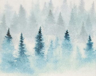 N877# 3 Pieces Of Single Paper Napkins for Decoupage, Craft Tissue, Fir Forest In The Mist Fog Blue Gray Trees