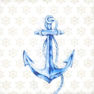 Z092 # 3 petites serviettes en papier pour découpage, papier tissu artisanal, grande ancre de bateau de la mer bleue sur motif de volant gris filigrane