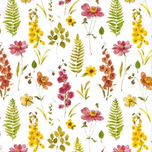 T670# 3 serviettes en papier pour découpage, papier peint artisanal, mini fleurs rouge jaune des prés et motif feuille de fougère verte