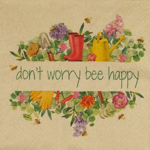 R528# 3 Pieces Of Single Recycled Paper Napkins for Decoupage, Craft Tissue, Gardener Tools,  Flowers And Bees Borders With Inscription