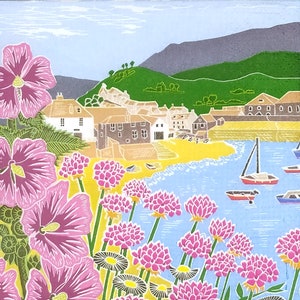 S427# 3 pezzi di PICCOLI tovaglioli di carta singoli per decoupage, tessuto artigianale formato cocktail, paesaggio primaverile con fiori rosa città costiera del mare
