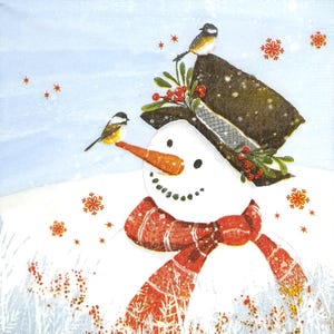 T976# 3 pezzi di tovaglioli di carta singoli per decoupage, fazzoletti artigianali, pupazzo di neve invernale con cappello, sciarpa e uccelli pettirossi Natale