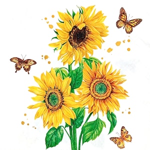 U338# 3 stuks enkele papieren servetten voor decoupage, knutselpapier, gele zonnebloembloemen met vlinder op witte achtergrond