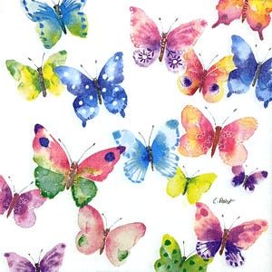 U432 # 3 Stück einzelne Papierservietten für Decoupage, Basteltücher, buntes Aquarell Schmetterling Muster Auf Weißem Hintergrund