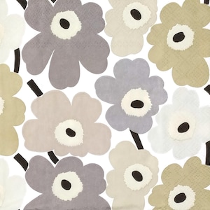 T878# 3 peças de guardanapos de papel individuais para decoupage, tecido artesanal, tons de cinza pastel, flores, padrão Marimekko, em fundo branco