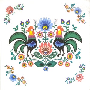 Q259 # 3 Stück einzelne Papierservietten für Decoupage, Bastelpapier, ein paar bunte Hahn mit Blumenmuster auf weiß
