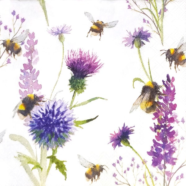 R149# 3 serviettes en papier simples pour découpage, papier de soie artisanal, motif fleurs de chardon violet avec abeilles et papillons