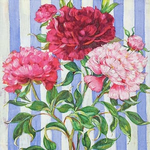U369 # 3 Stück einzelne Papierservietten für Decoupage, Bastelpapier, rosa Pfingstrose Blumenstrauß auf rosa weiß gestreiftem Hintergrund
