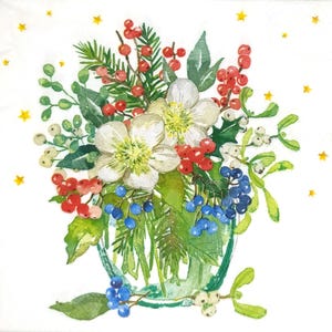 U015# 3 peças de guardanapos de papel individuais para decoupage, tecido artesanal, galhos de inverno de Natal e buquê de flores de heléboros com frutas vermelhas