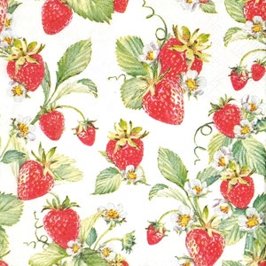 S460# 3 petites serviettes en papier simples pour découpage format cocktail, mouchoirs en papier artisanal, motif fraises et baies sur blanc