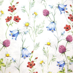 M677# 3 serviettes en papier pour découpage, papier tissu artisanal, jacinthe des bois, marguerite blanche, trèfle et motif de mini fleurs rouges