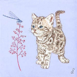 U370# 3 servilletas de papel individuales para decoupage, papel de seda para manualidades, diseño de un lindo gatito atigrado con libélula sobre fondo morado