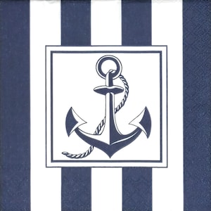 Q279# 3 Pieces Of Single Paper Napkins for Decoupage, Craft Tissue, Sea Item White Navy Blue Anchor On Stripped Background