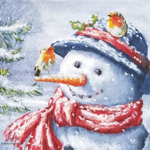 S533# 3 pezzi di tovaglioli di carta singoli PICCOLI per decoupage, formato cocktail in carta velina, testa di pupazzo di neve con cappello, sciarpa e pettirosso