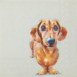 U363 # 3 serviettes en papier pour découpage, papier de soie artisanal, drôle de chien teckel marron avec de grands yeux sur fond gris