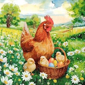 U304# 3 pezzi di tovaglioli di carta singoli per decoupage, carta velina, gallina marrone con cesto di vimini e uova in un paesaggio di prato di margherite