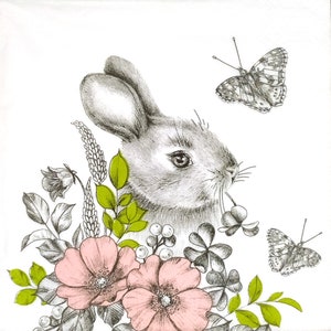 P507 # 3 Stück Servietten einzeln für Decoupage, Basteltücher, graues Kaninchen mit rosa Blumen und Schmetterlingen