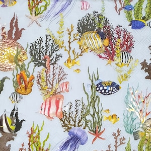 S725# 3 pezzi di PICCOLI tovaglioli di carta singoli per decoupage, tessuto artigianale formato cocktail, Aquaworld Sealife cavalluccio marino pesce con coralli alghe